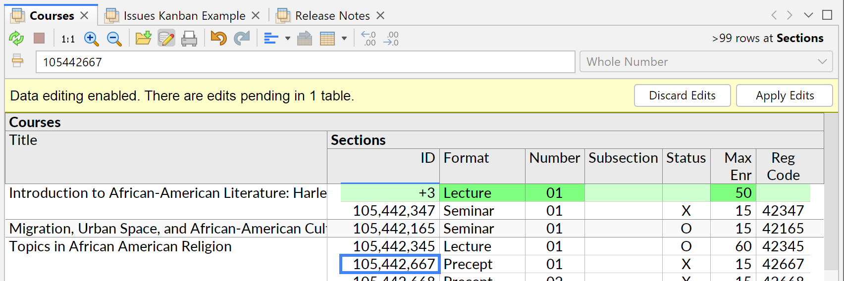 Screenshot of a row pending insertion, with some fields having explicitly defined values, shown in stronger green.