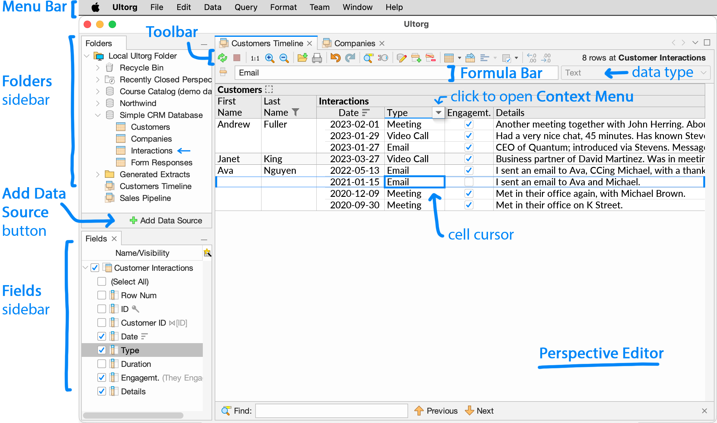 The Ultorg application window, with key areas annotated.