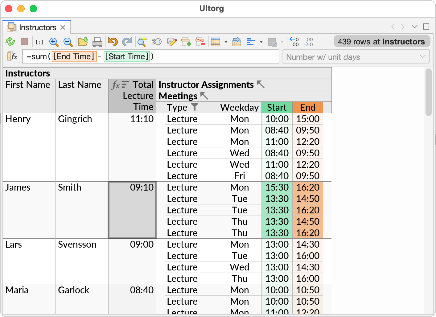 An equivalent visual query in Ultorg, showing a list of university instructors and the total amount of lecture time assigned to each, including the individual lectures that count towards each total.