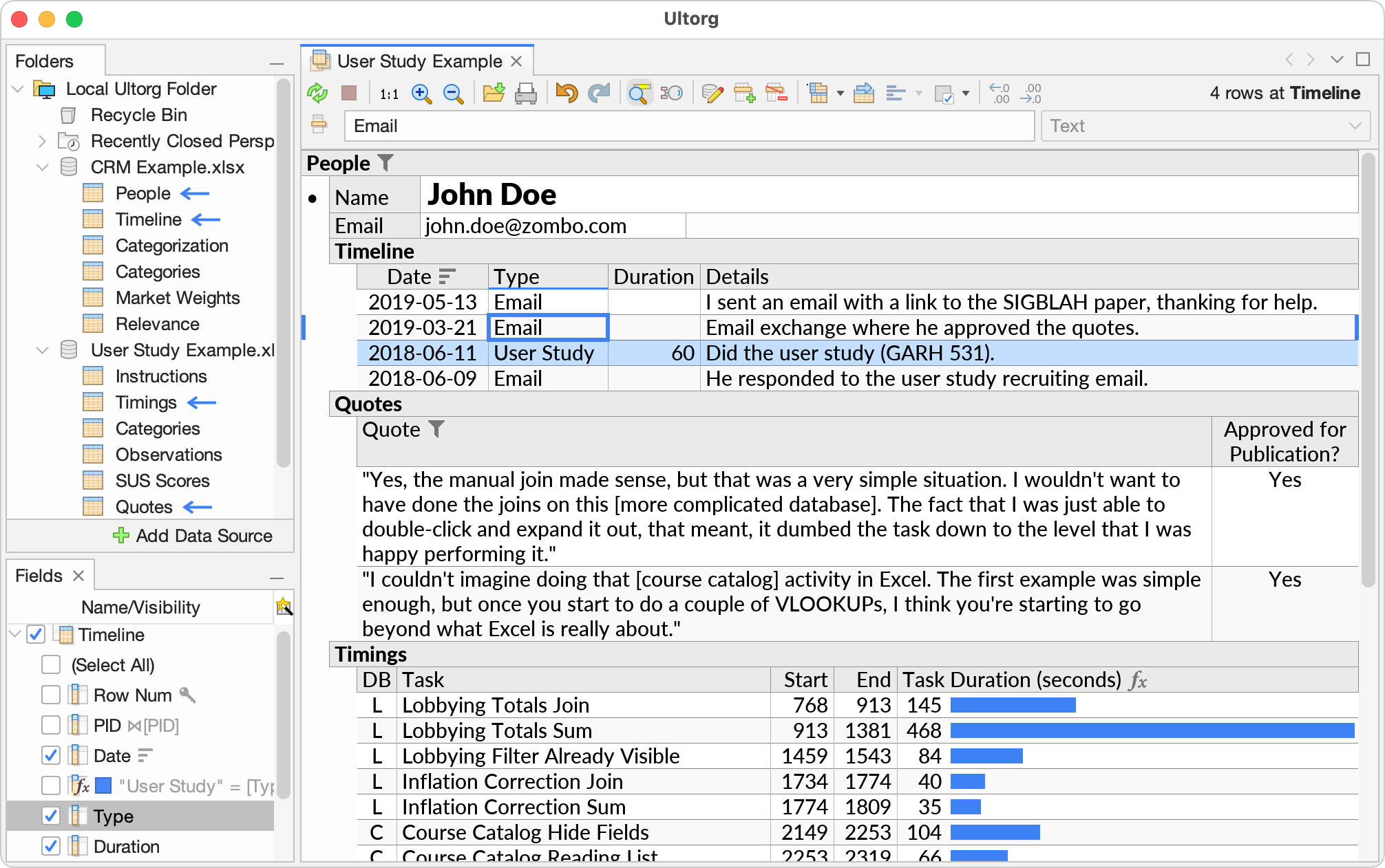 The Ultorg application showing a form-style layout with a join between four database tables. The example shows data collected from a user study, in two connected Excel files.