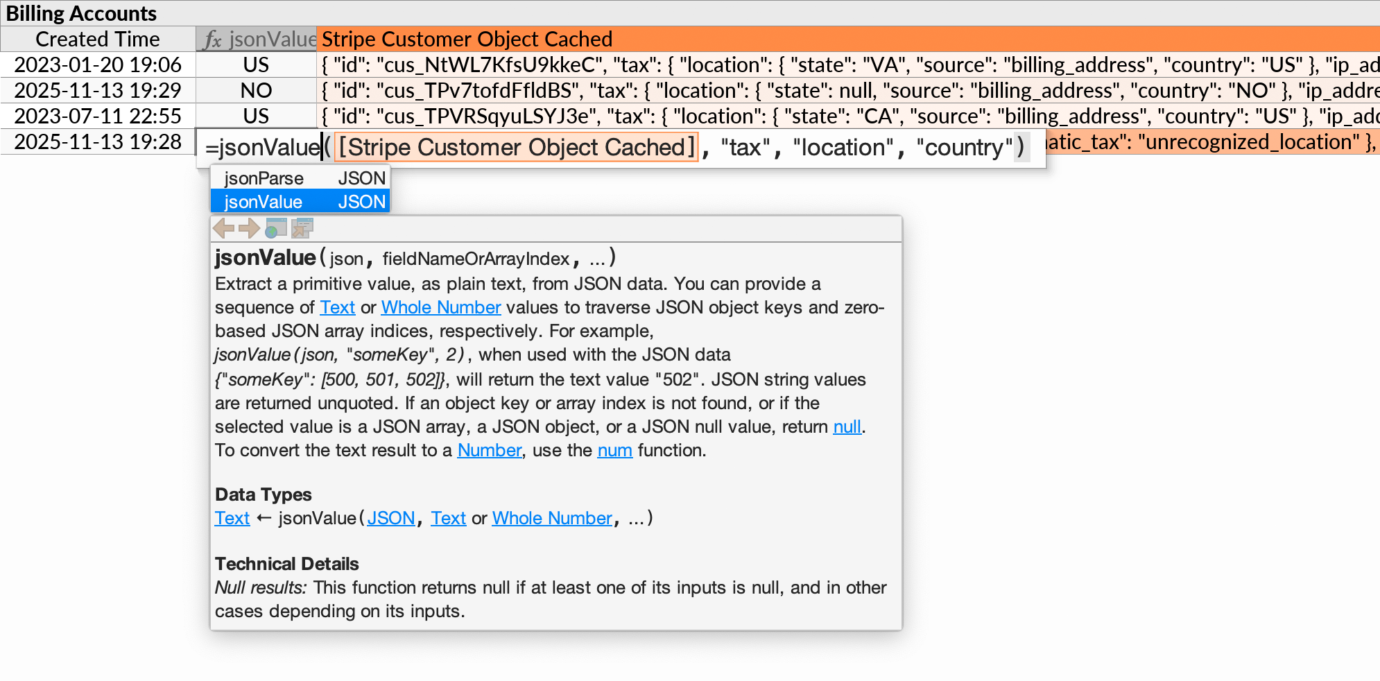 The jsonValue function being used to extract a string field from an adjacent JSON value in the same subquery, with function documentation open.