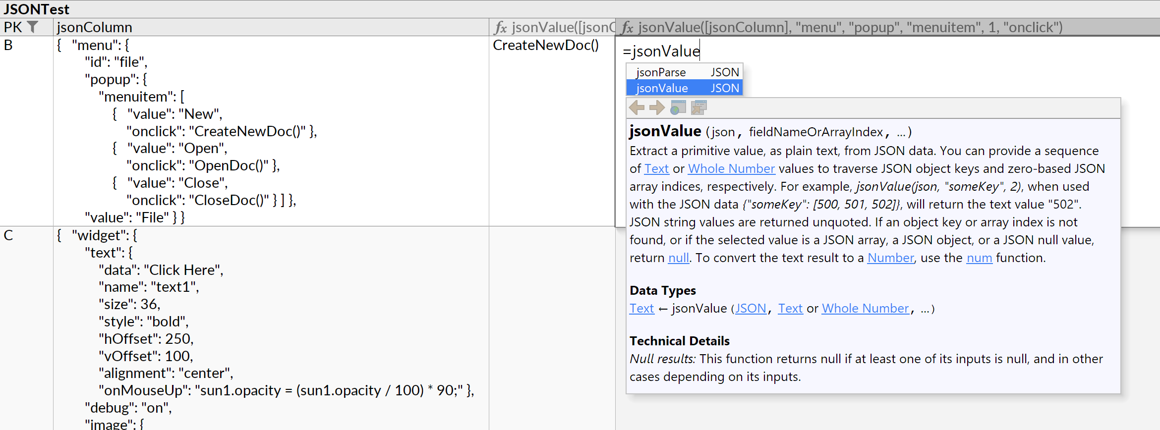 Screenshot showing pretty-printing of JSON data, and online documentation for the jsonValue formula function.
