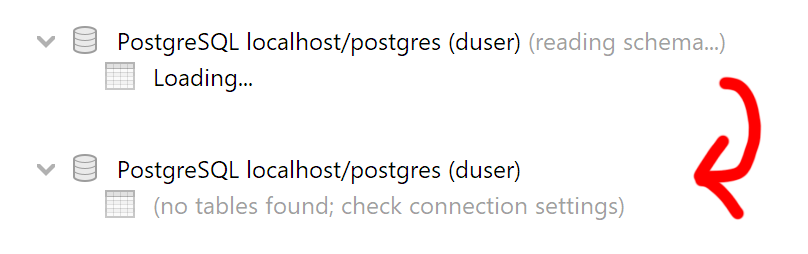 Indication of ongoing metadata indications, and of the case where no table is found.