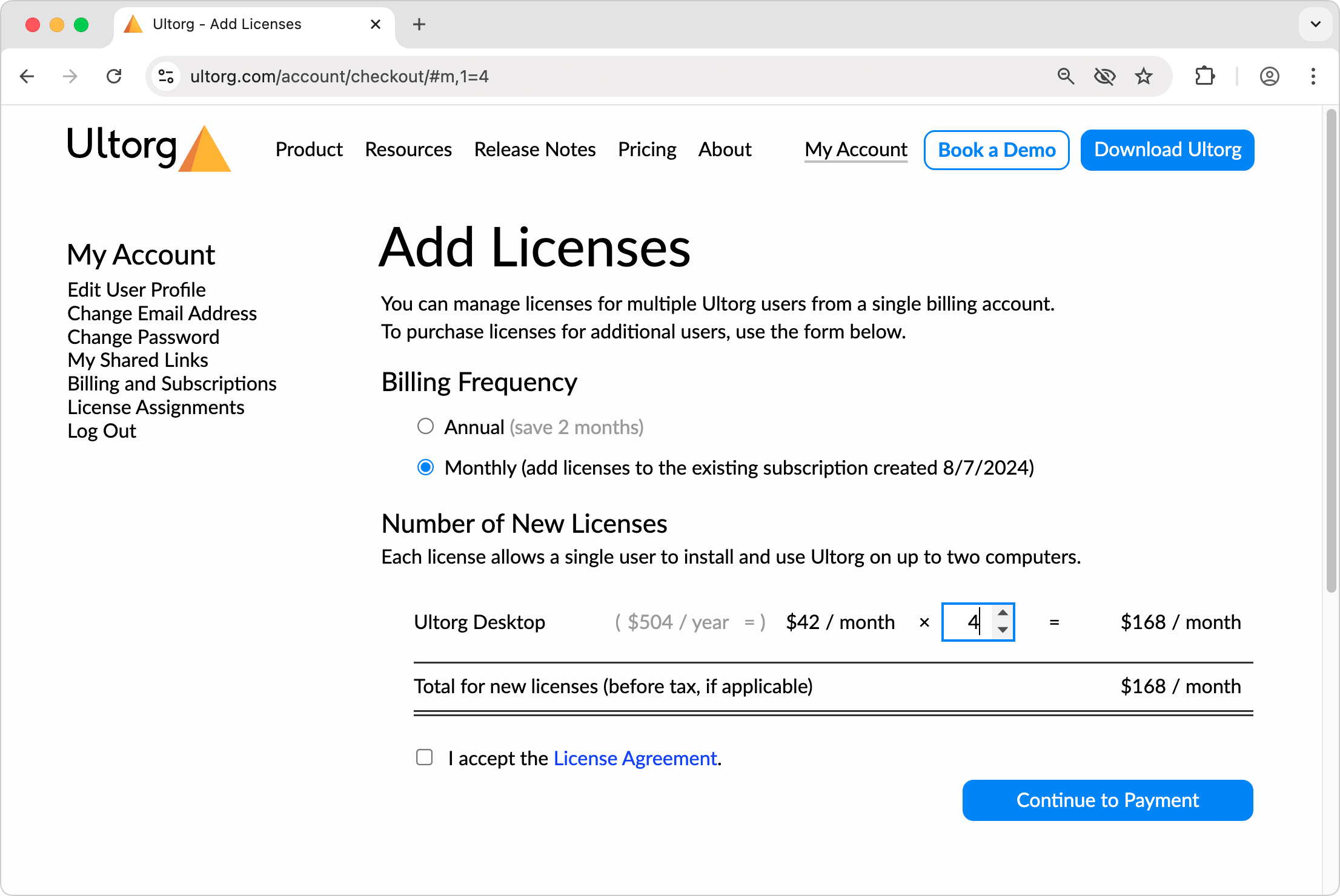 The Checkout page, in the 'Add Licenses' state which is shown when the user has existing licenses.