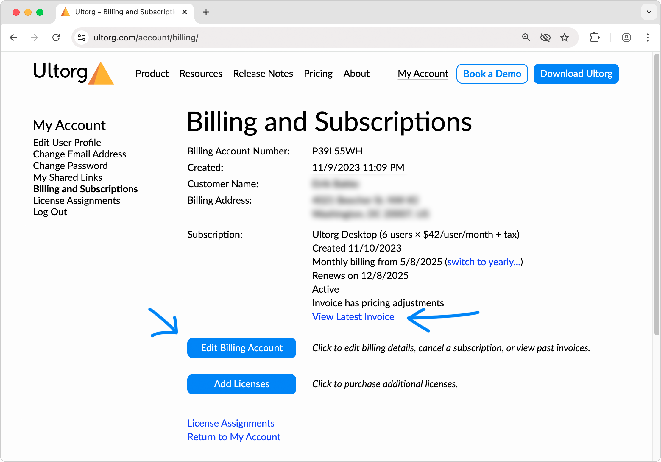 The Billing and Subscriptions page on the My Account portal.