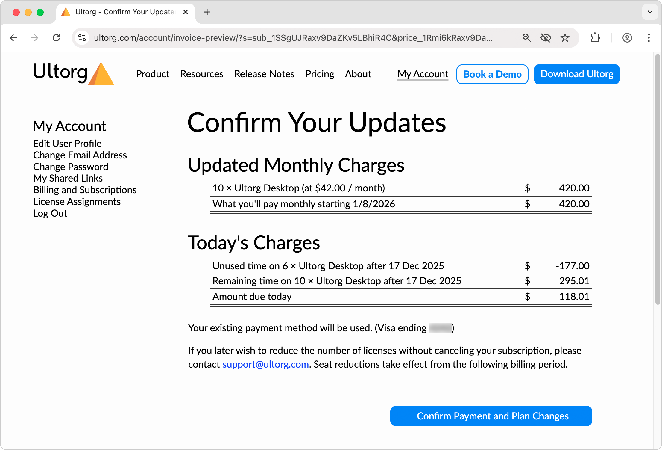 The 'Confirm Your Updates' page, which is shown during the purchase of new licenses.