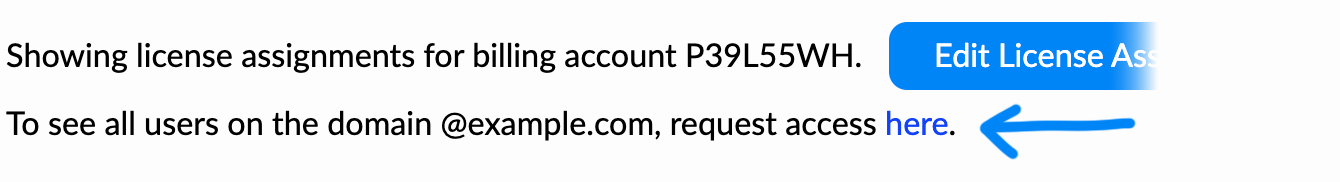 The 'To see all users on the domain' message on the License Assignments page, with a 'request access' link.