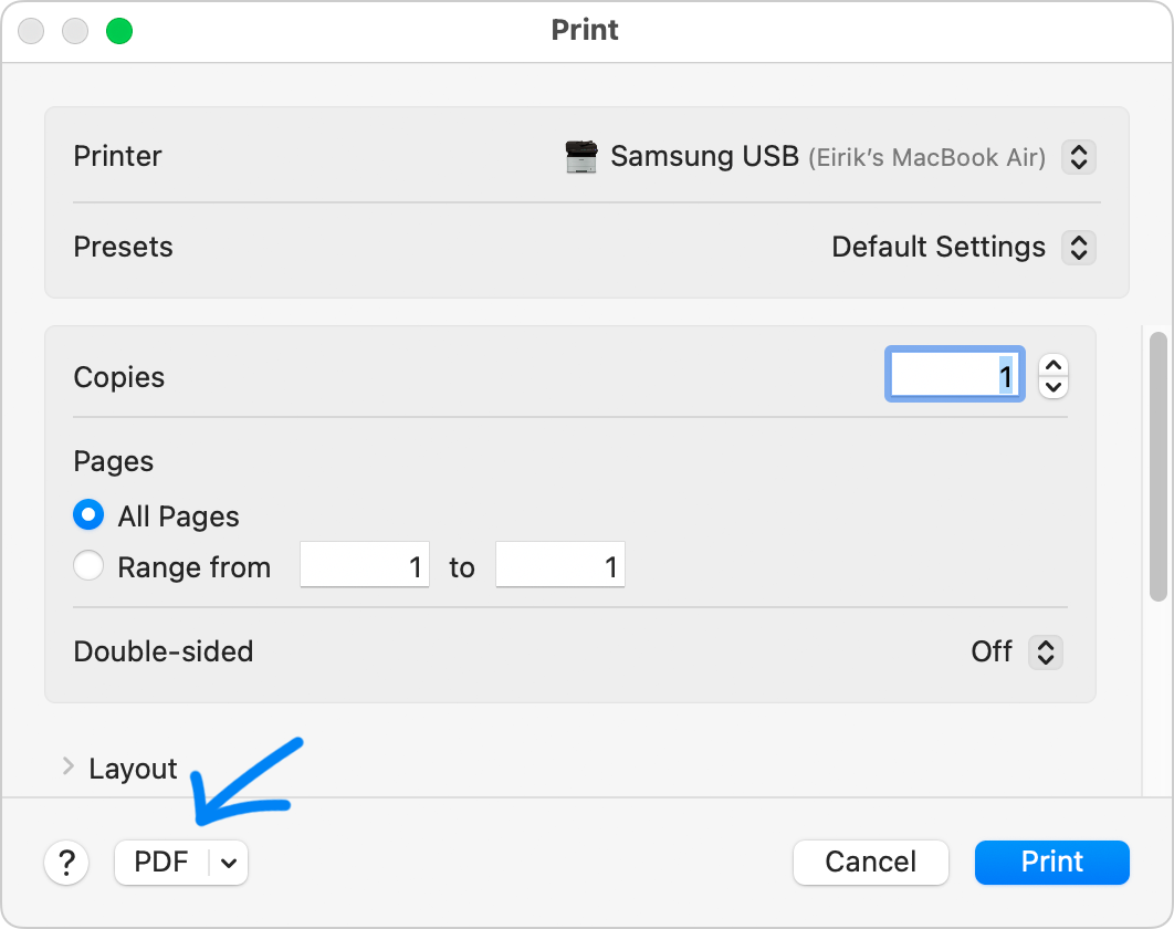 The PDF button in the MacOS printer selection dialog box.