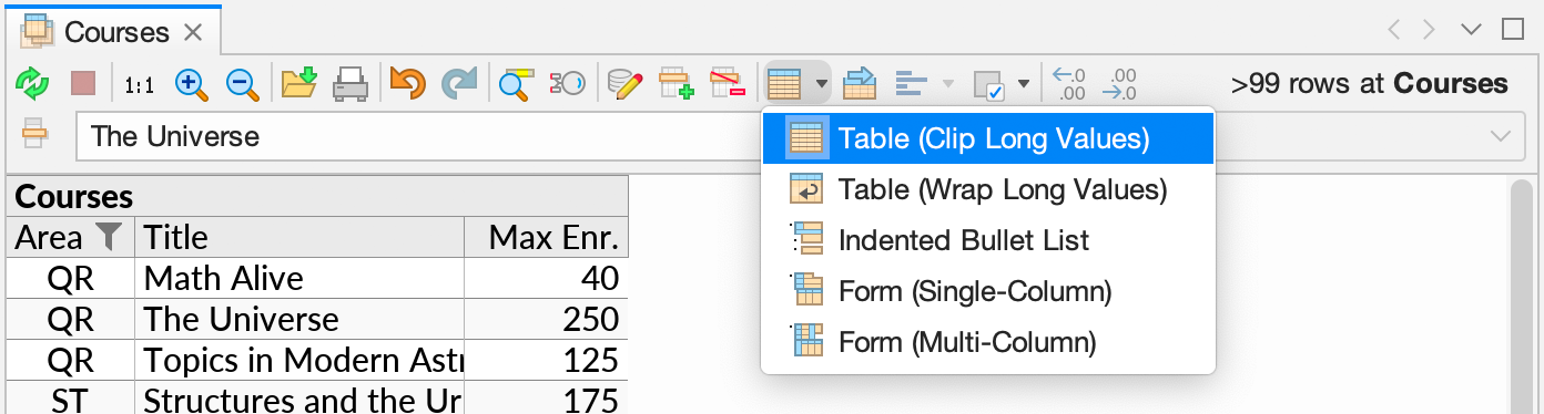 The Set Auto-Layout Type button in the toolbar, with the drop-down menu open showing available perspecitive level layout types.