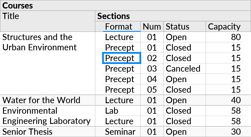 A perspective showing academic courses and, for each course, a list of sections (lectures, seminars etc.).