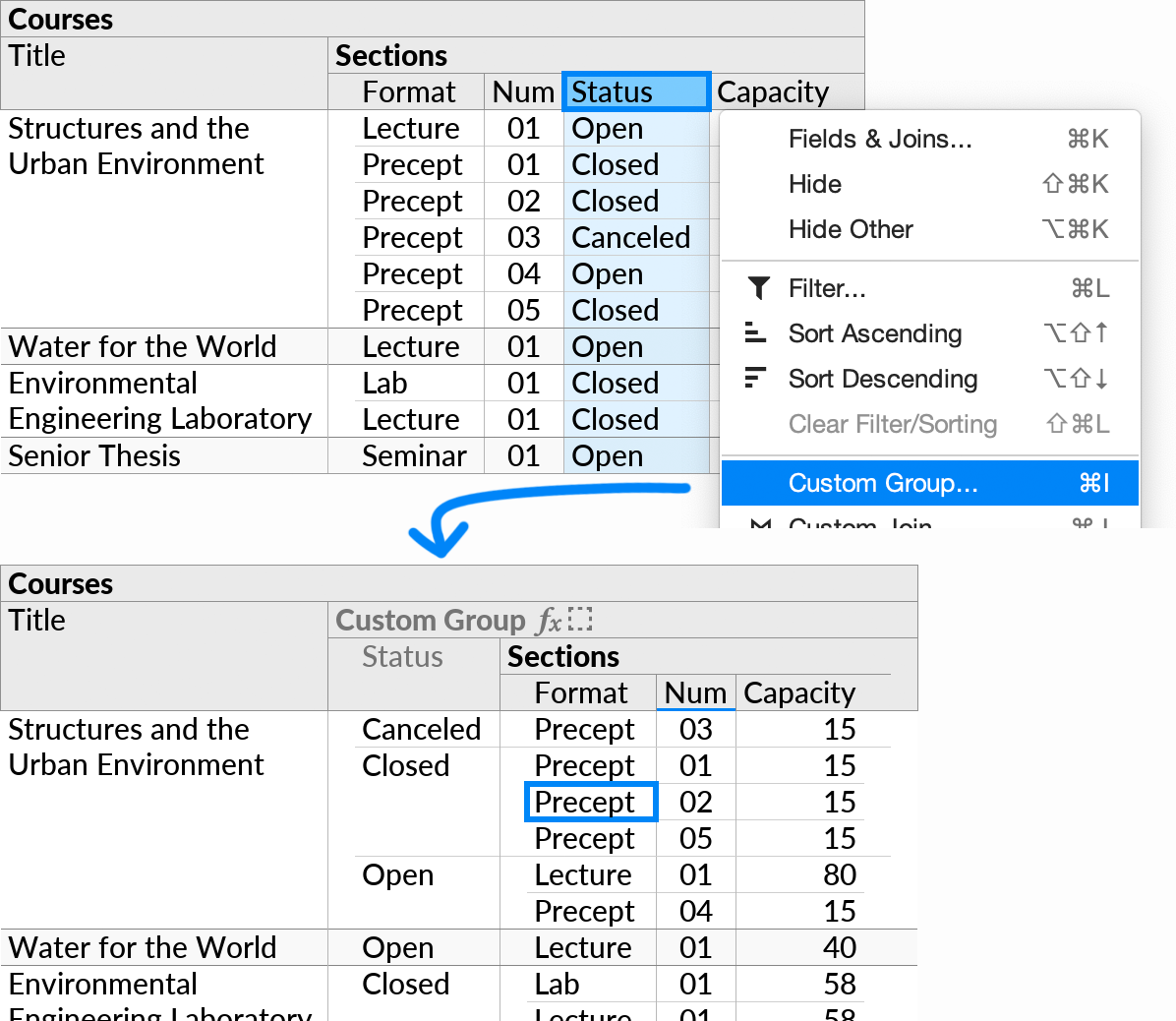 Invoking the Custom Group action on the Status field of the Sections subquery from the previous figure, to group Sections by Status within each course.