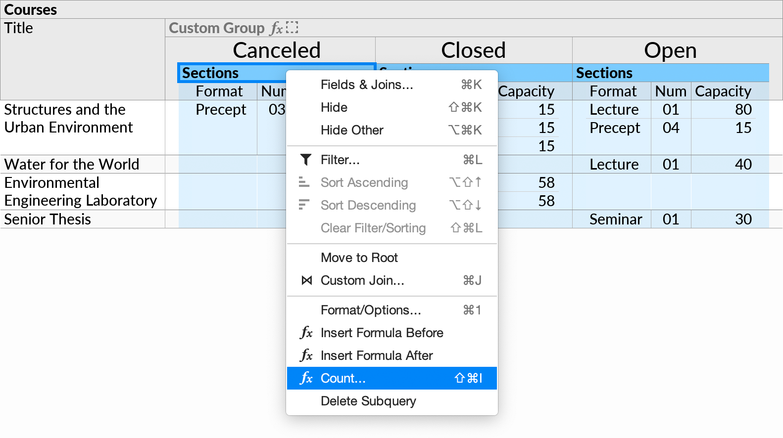 Invoking the Count action on a subquery within a crosstab.