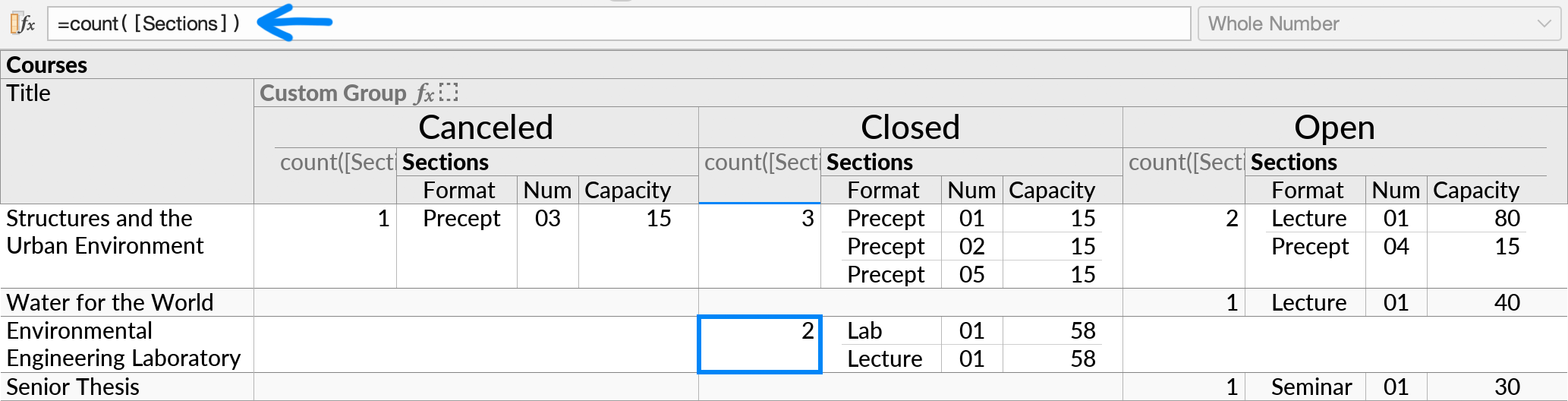 The result of the Count action as performed in the previous figure. A new COUNT formula appears within each crosstab column, next to the Sections subquery.