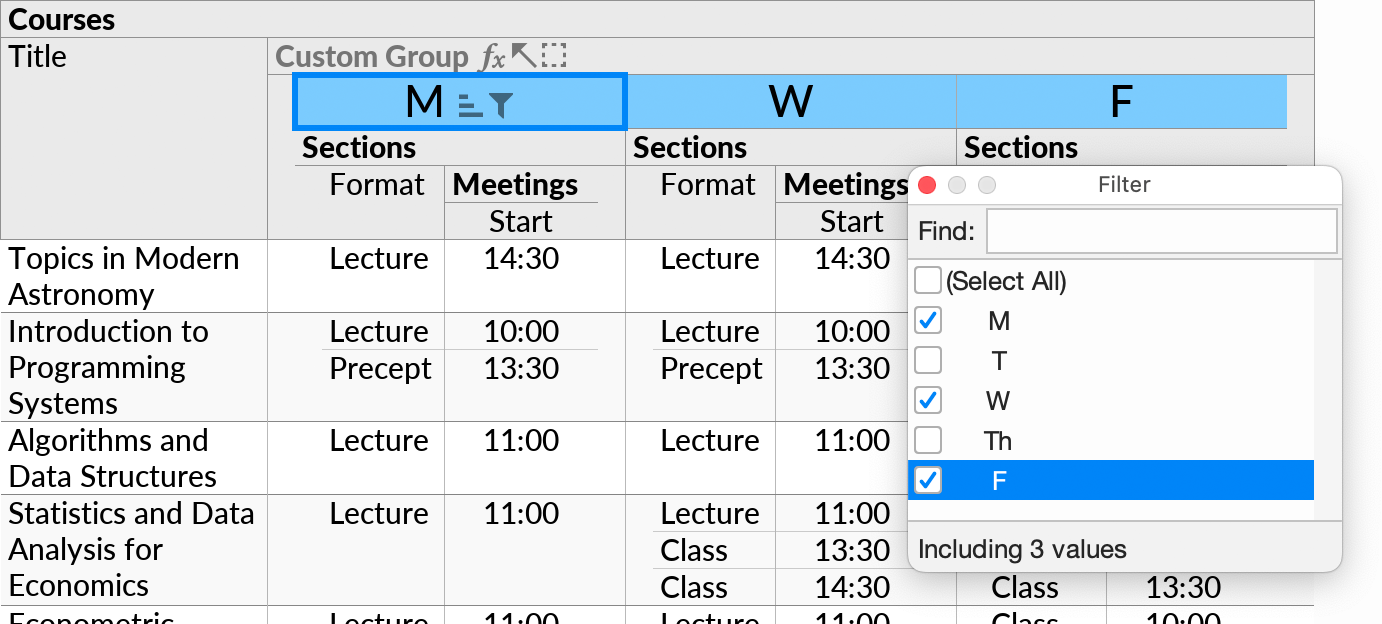 Setting a filter on a field displayed in a crosstab header, to show only columns for, in this example, the weekdays Monday, Wednesday, and Friday.