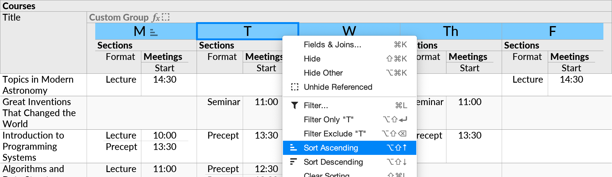 Invoking Sort Ascending on a field displayed in a crosstab header, to sort weekday names chronologically left-to-right.
