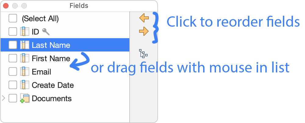 Reordering fields in the Fields popup.