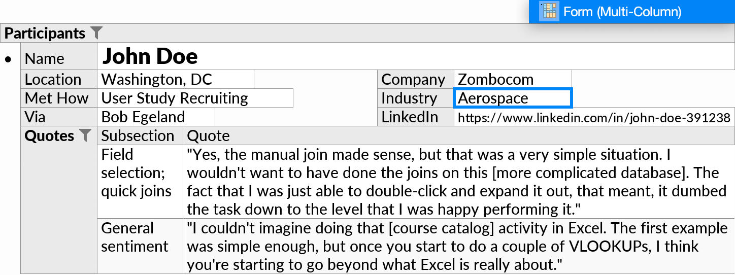 A multi-column form layout with a few primitive fields and one subquery under the root.