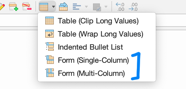 The Set Auto-Layout Type dropdown in the toolbar, with the form layout options annotated.