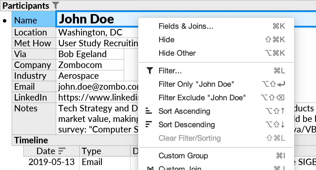 The context menu open on a field in a form layout, showing the same query-related actions as are available in a table layout.