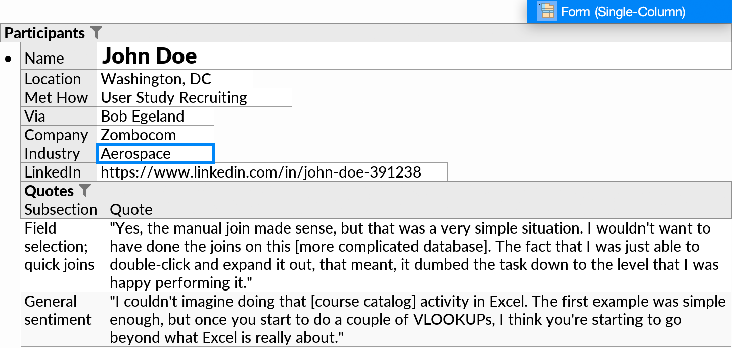 A single-column form layout with a few primitive fields and one subquery under the root.