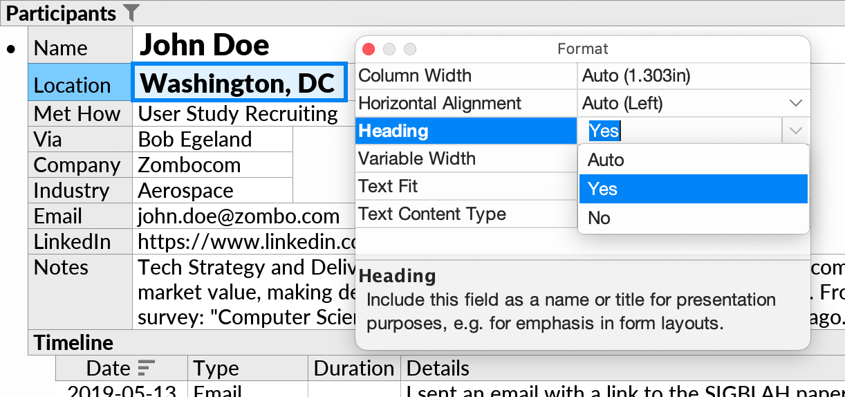 The Heading option in the Format popup. The field 'Location' has been included in the heading for the form layout underneath.