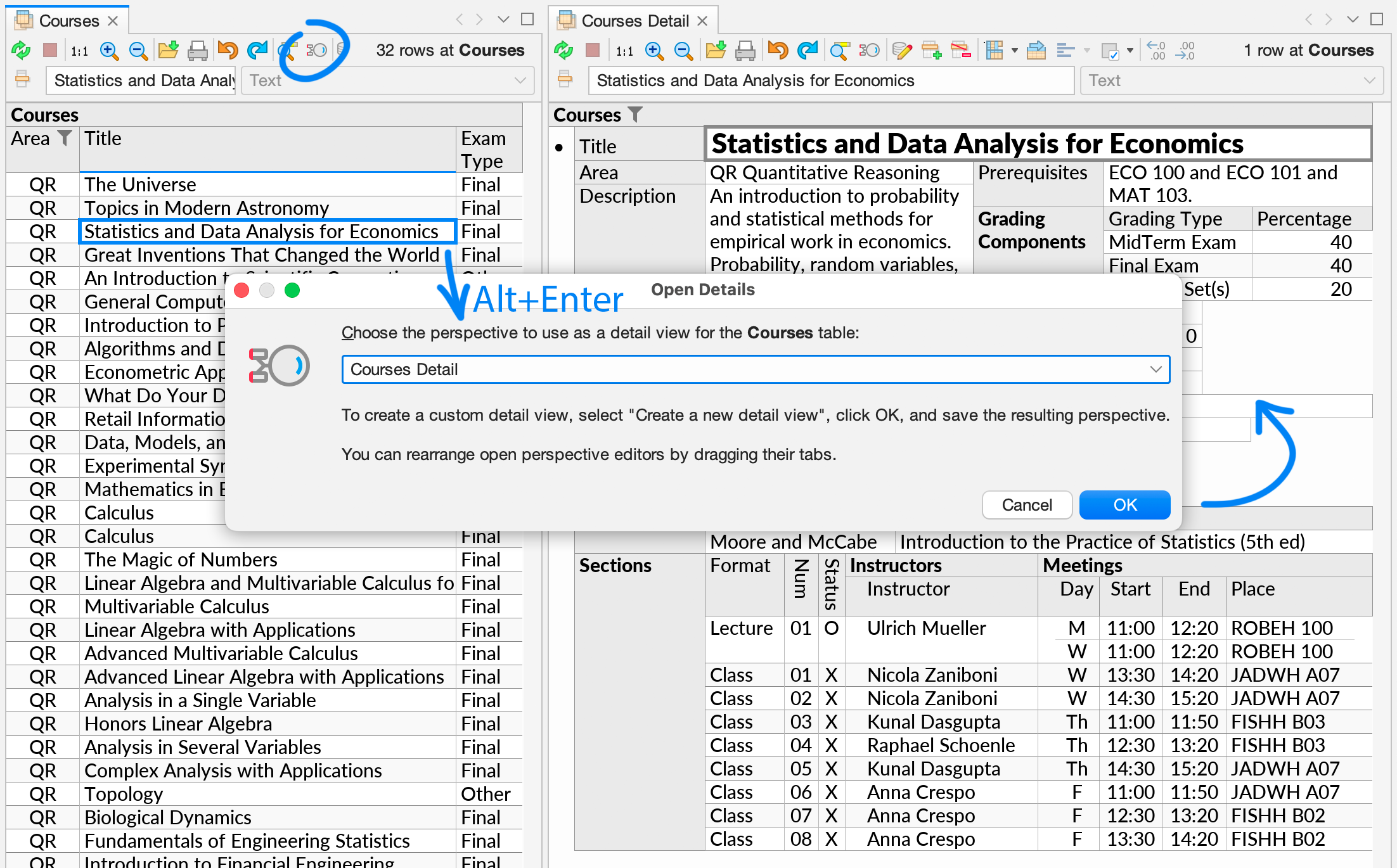 Using the Open Details action to open a detail view corresponding to a selected row in the database.