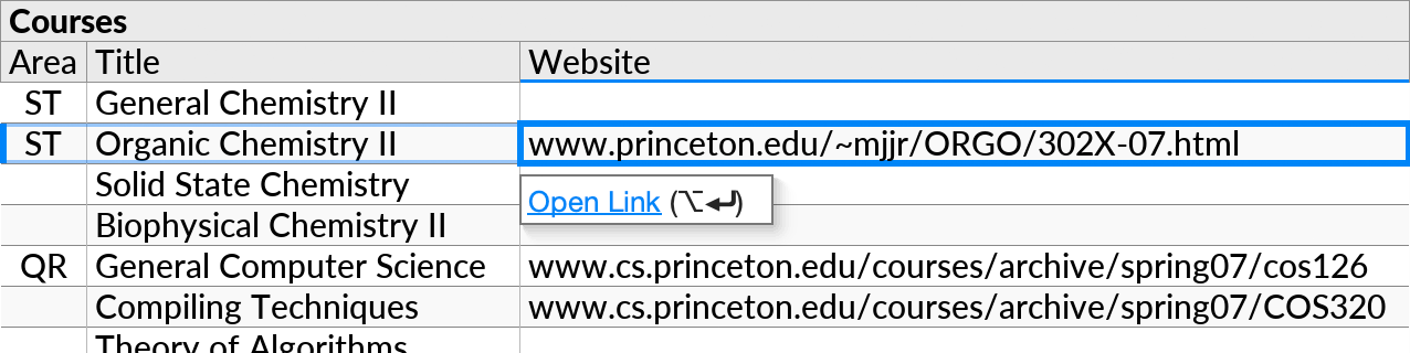 The 'Open Link' tooltip, shown when the cell cursor is moved to a value that contains a URL link. Pressing Alt+Enter will open the link.