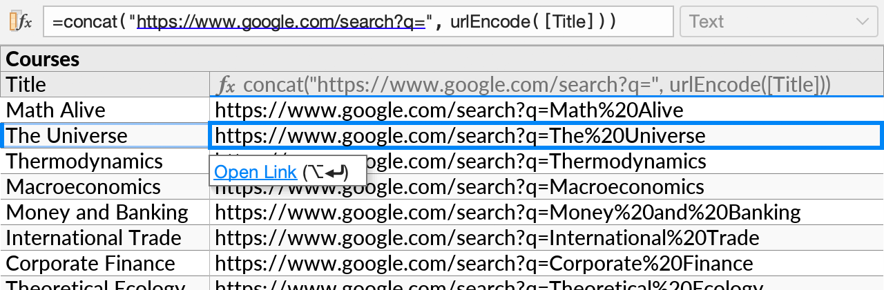 The 'Open Link' tooltip showing when the cell cursor is moved to a URL generated by a formula. The formula makes use of the concat and urlEncode functions.