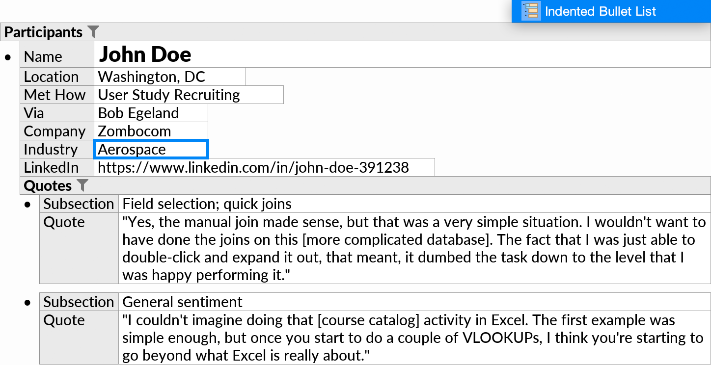 An outline layout with a few primitive fields and one subquery under the root.