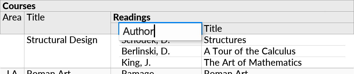 Renaming the name of a field by moving the cell cursor to the field's label in the table header and typing a new name.