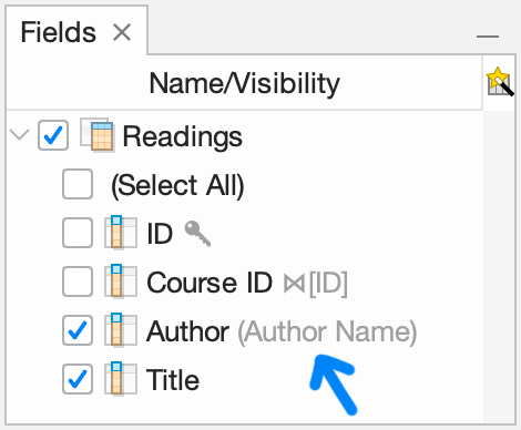 The field selector with a renamed table column. The original name from the data source is shown in parentheses.