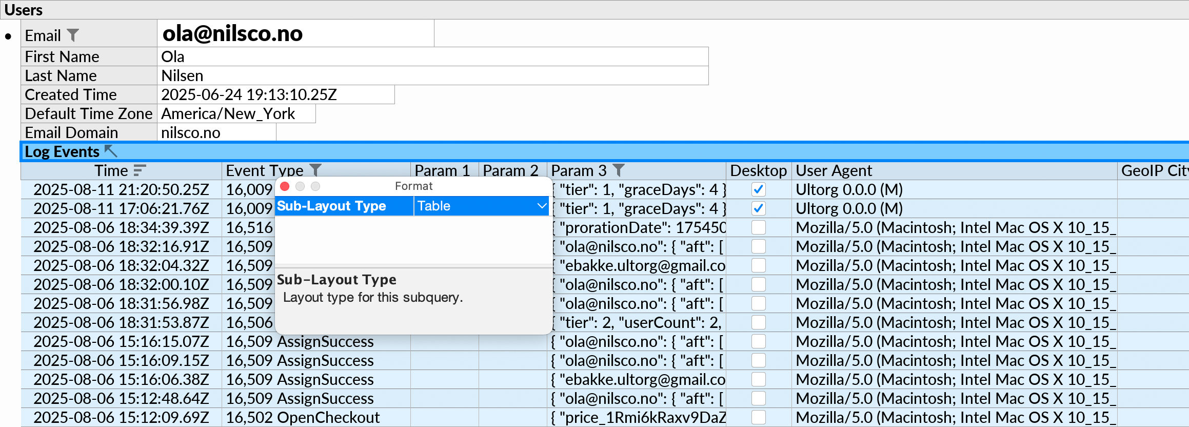 A single-table form layout with the Sub-Layout Type option overridden on one subquery, so that a nested table is shown even though it is wider than the preferred width of the overall form layout.