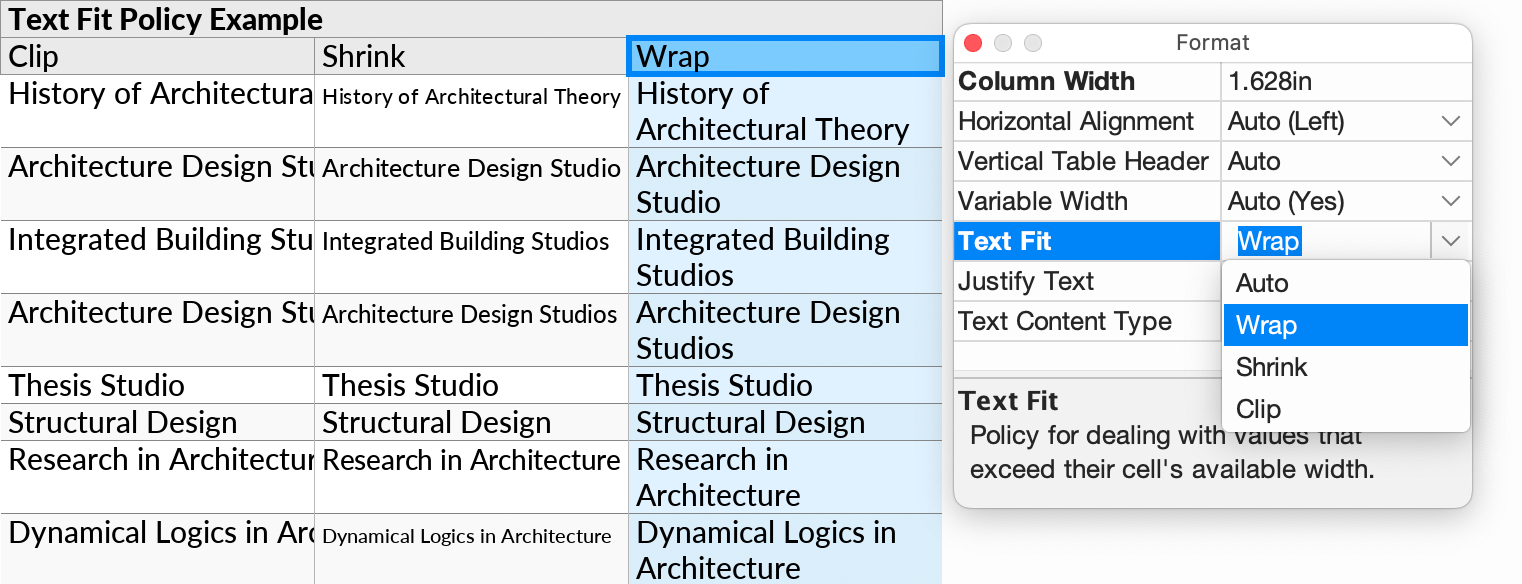 The three Text Fit options, Clip, Shrink, and Wrap, illustrated on a table layout.