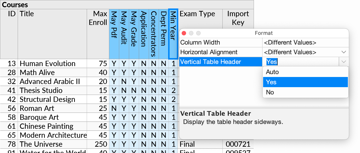 Vertical table headers, shown with the Format popup open on the Vertical Table Header setting.