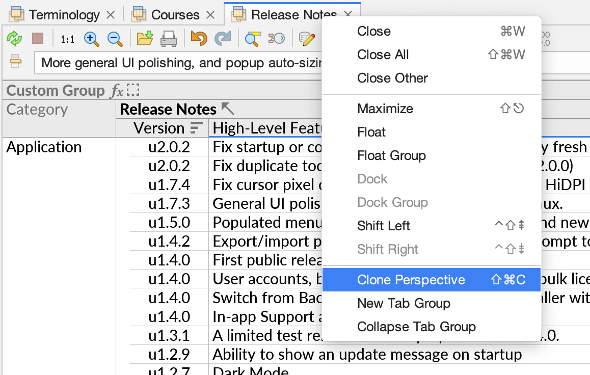 The Clone Perspective action in the tab context menu.