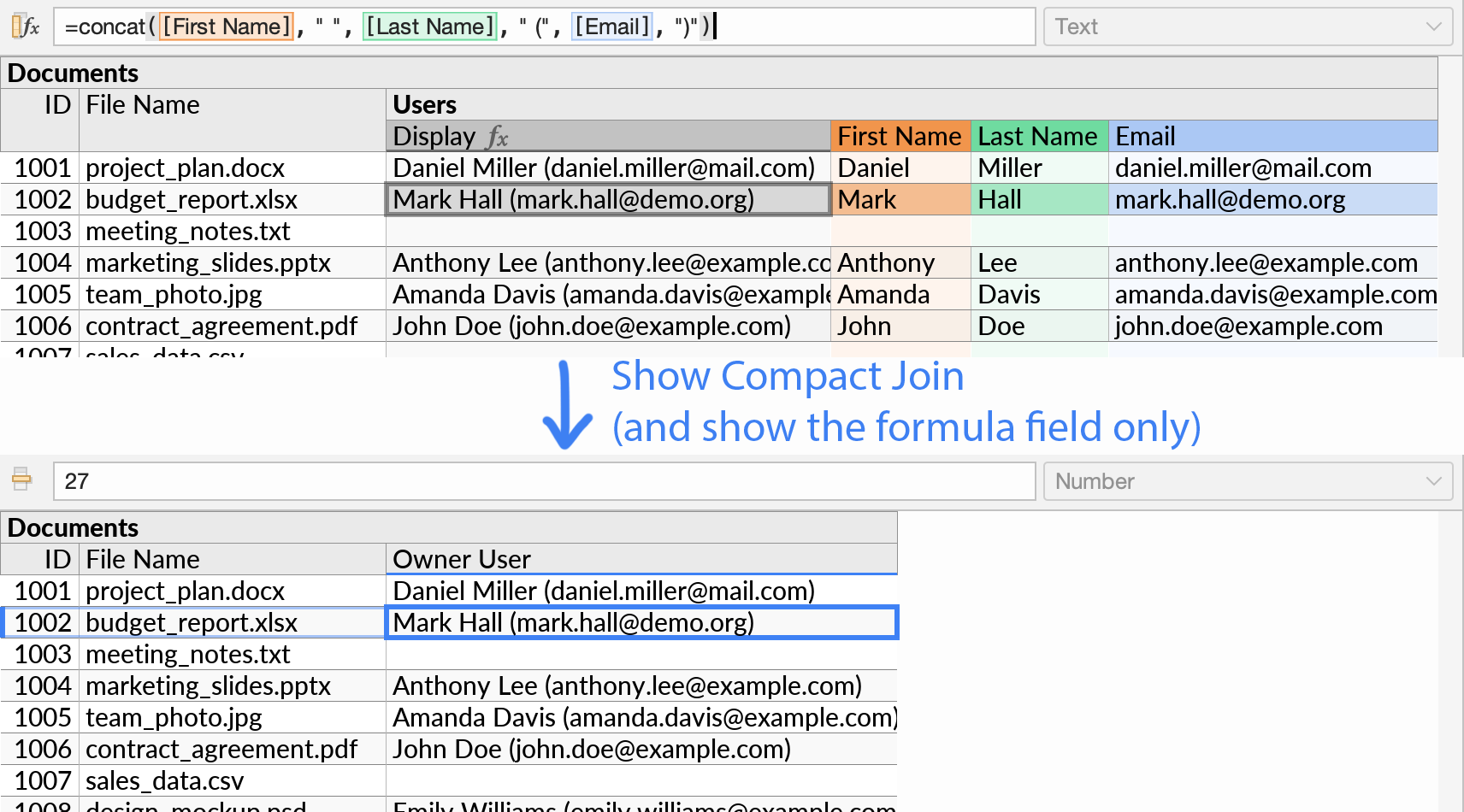 Using a formula to customize the display text for a compact join.