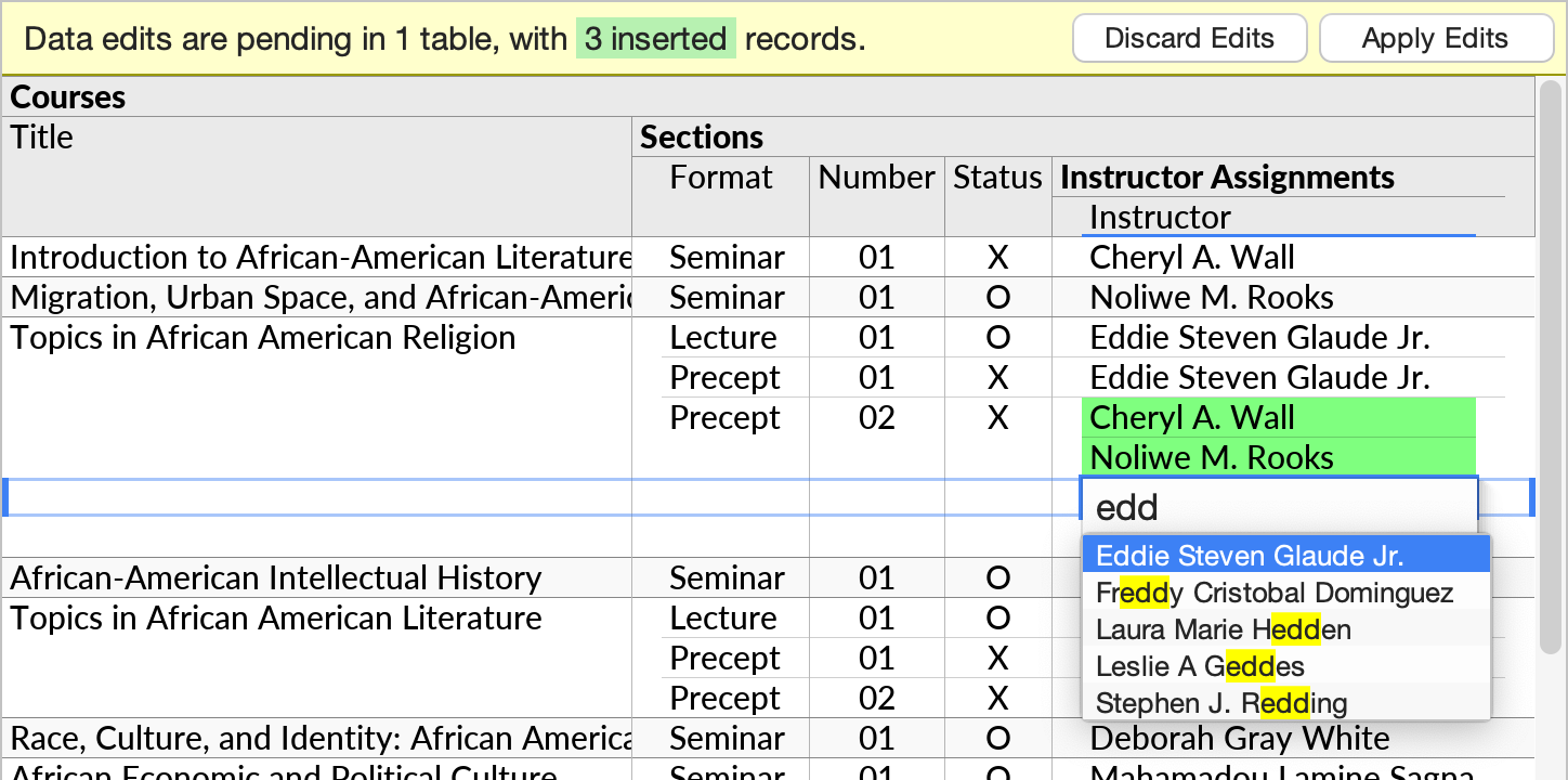 Rows inserted in a many-to-many relationship, with the last join being shown as a compact join, and the data editing dropdown visible.