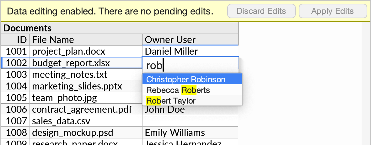 The data editing dropdown opened on a compact join field, showing the selected visible fields for display in list entries.