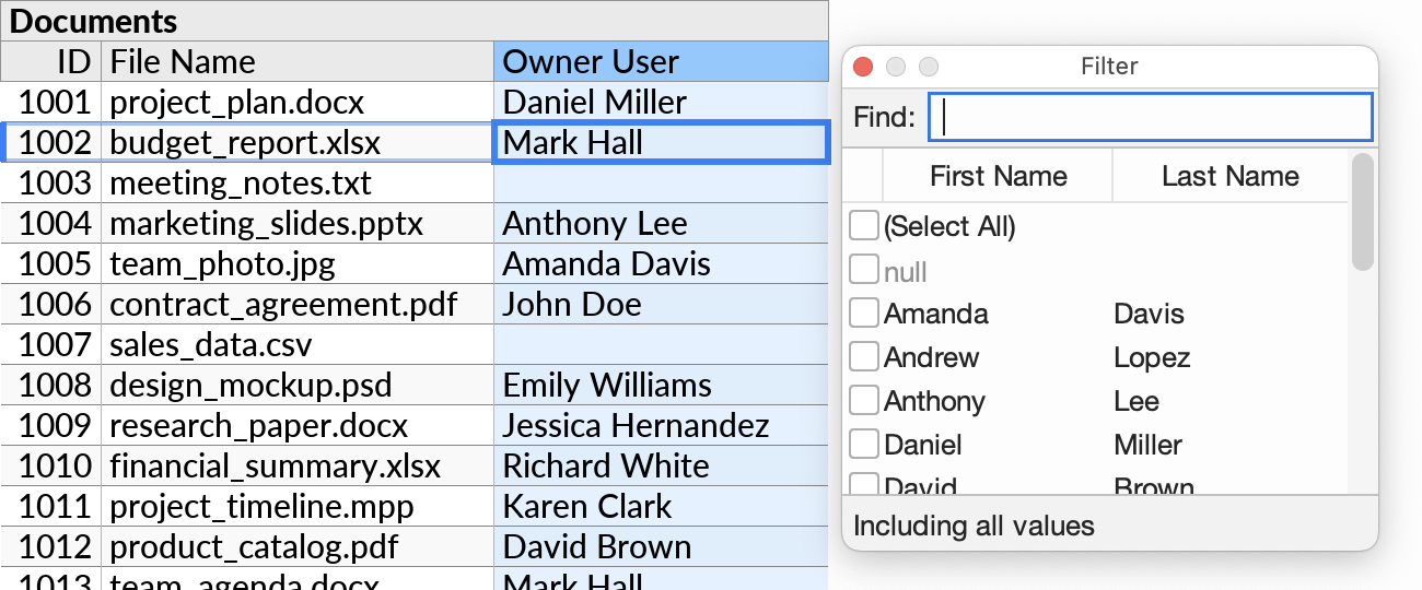 The Filter popup opened on a compact join field.