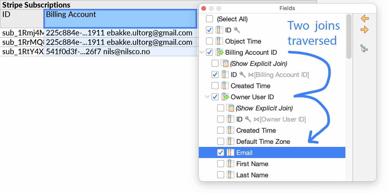 Field selection for a compact join, where one of the displayed fields is nested inside another compact join level.