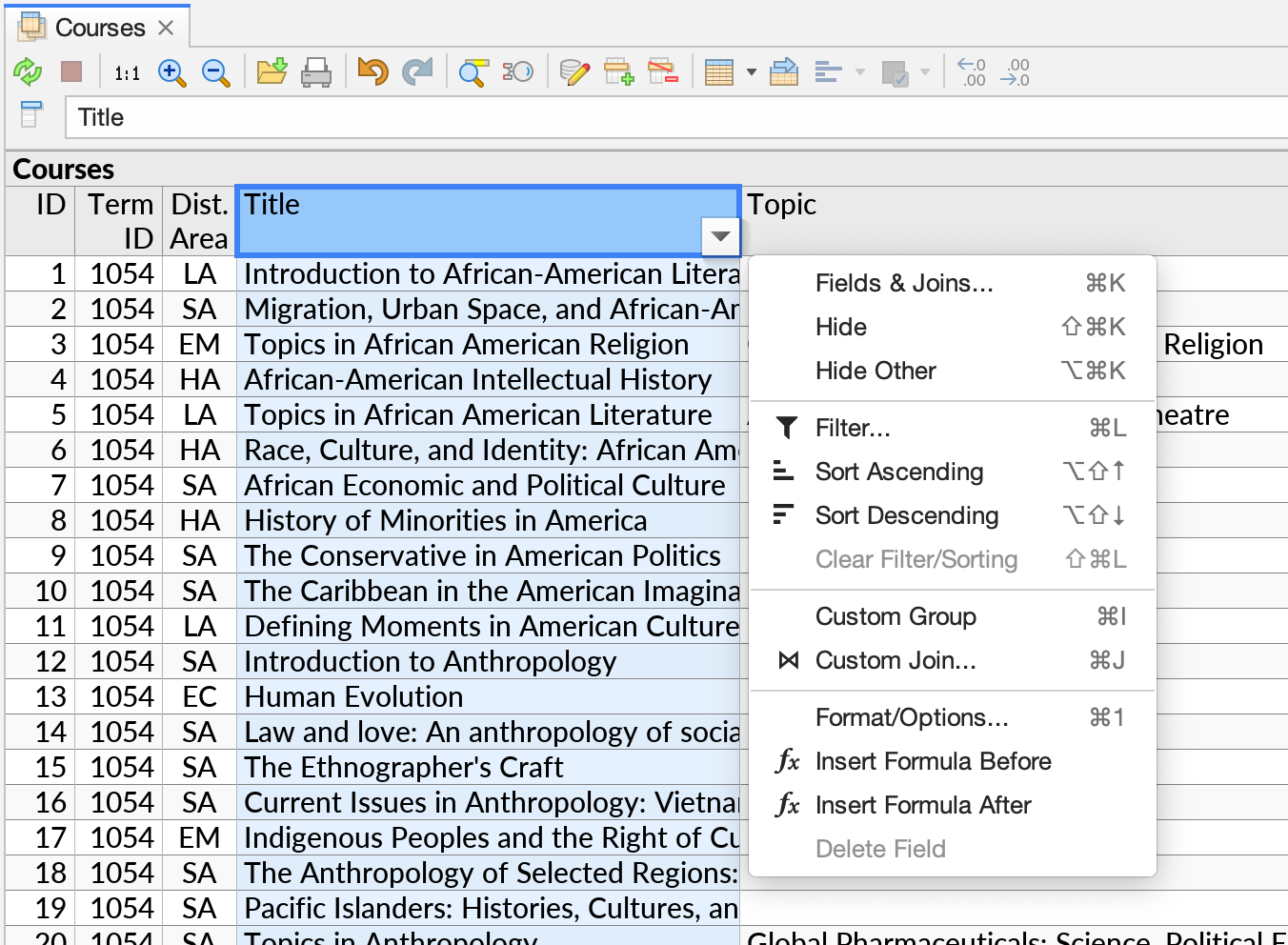The context menu opened on a field in a perspective.