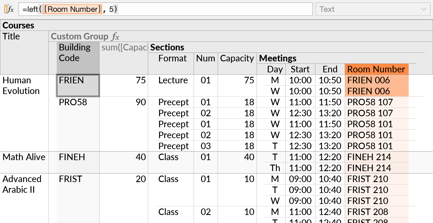 Using the LEFT function in the formula that retrieves the value to group by in the Custom Group subquery, to group by the first five letters of each Room Number.