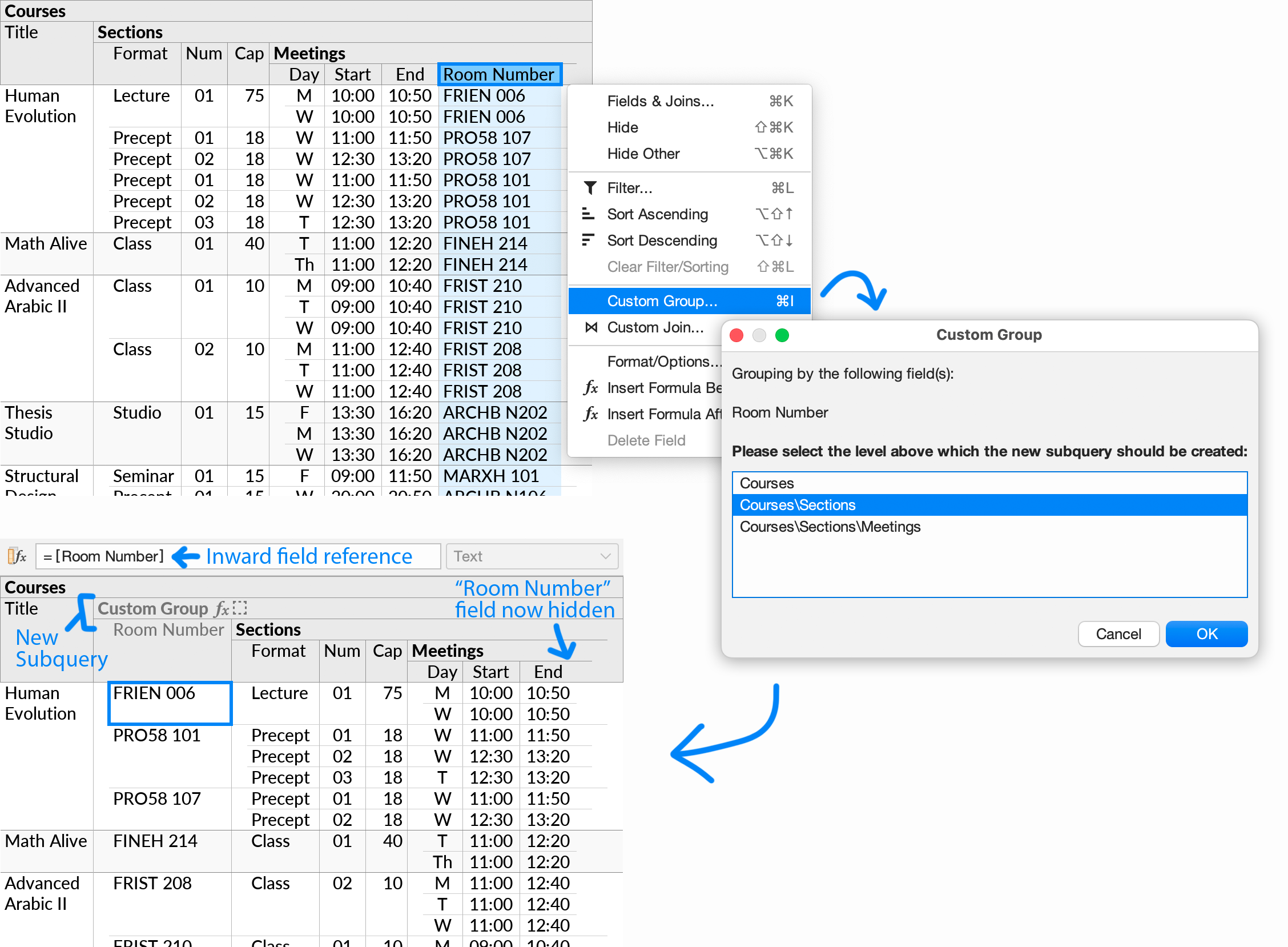 The Custom Group action, used on a perspective initially showing Meetings by Sections by Courses, to insert a grouping by Room Number between Courses and Sections.
