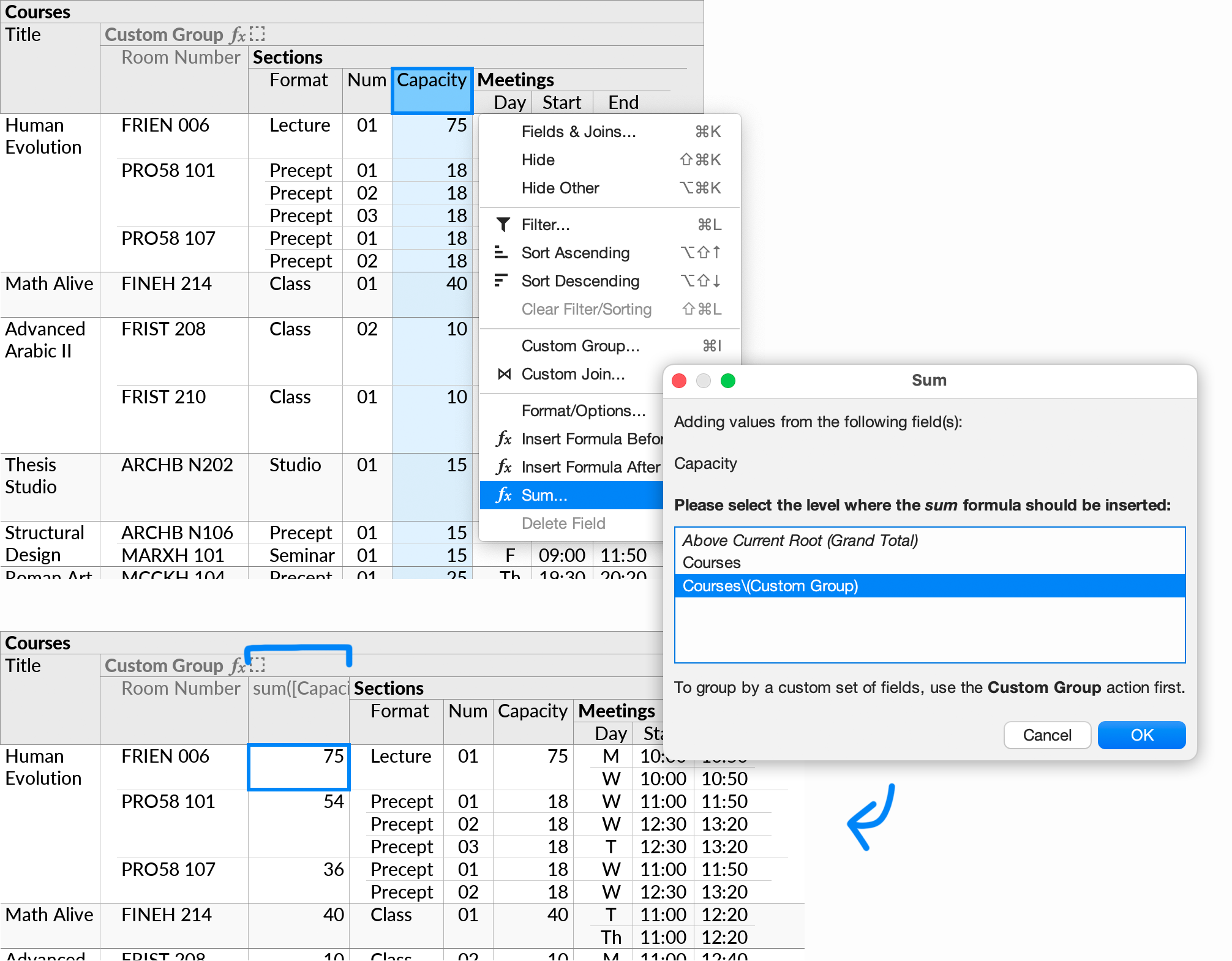 Using the Sum action to place a sum formula in a Custom Group subquery.
