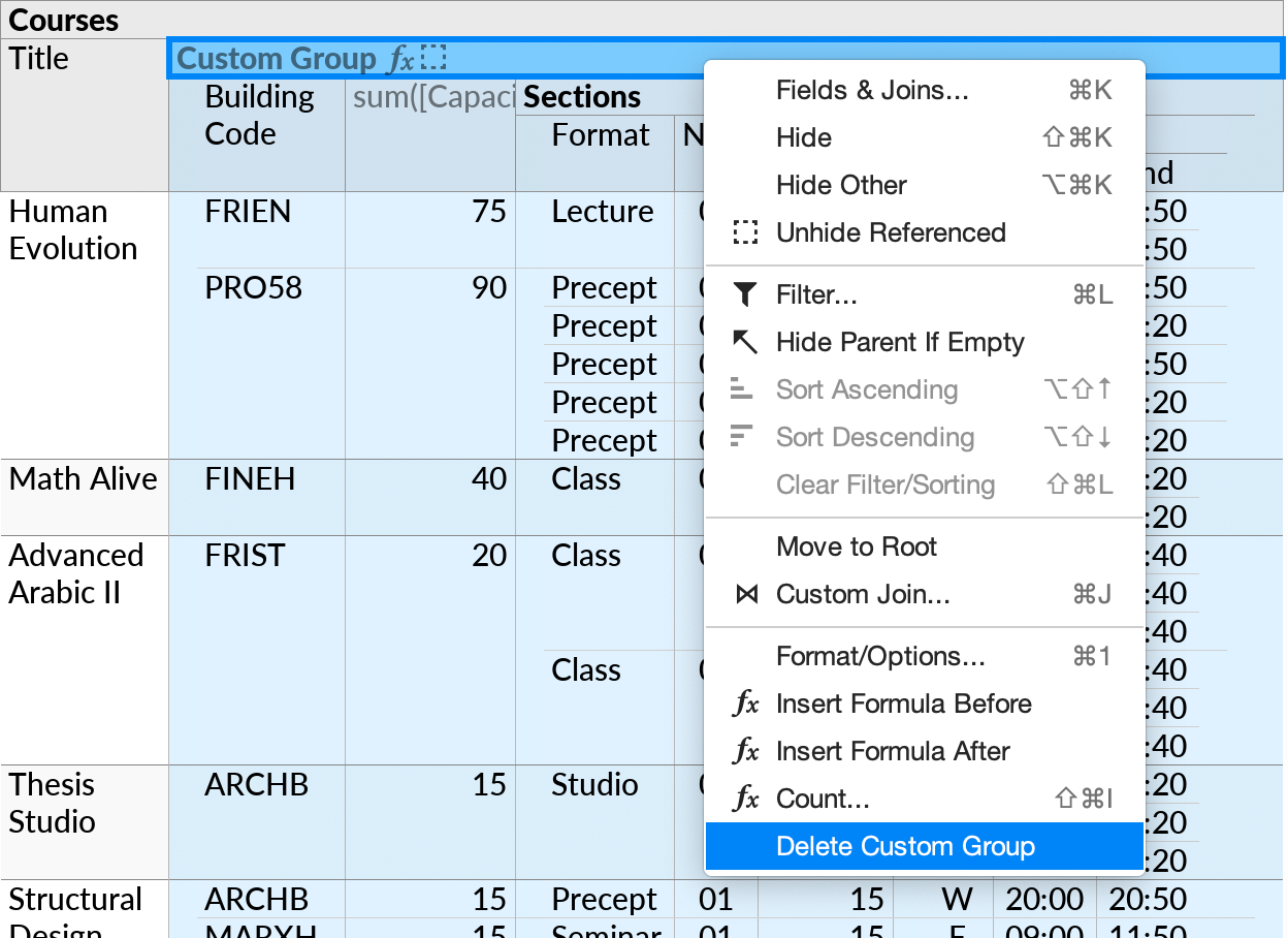 The Delete Custom Group action, shown when the context menu is opened on a Custom Group subquery or the remaining visible primitive field(s) in said subquery.