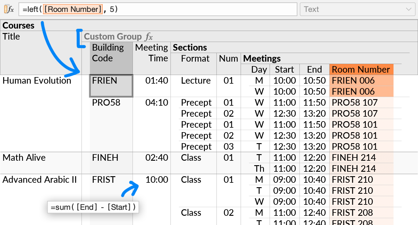 Courses, Sections, and Meetings subqueries with a Custom Group subquery sandwiched between Courses and Sections so that the list of sections and meetings are grouped by Building Code. The building is calculated with a formula, based on the first five characters of each meeting's Room Number.