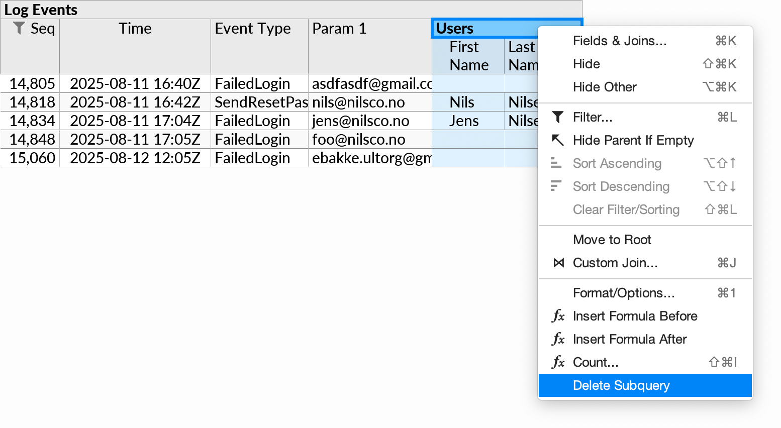 Deleting a subquery created by the Custom Join action, or suggested due to an earlier invocation of the Custom Join action, to forget the relationship in question.
