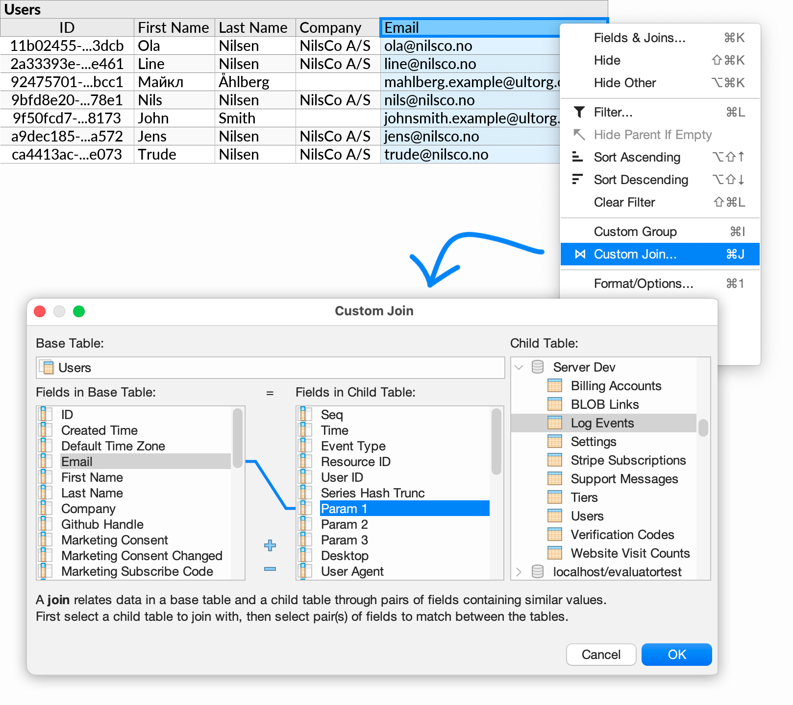 The Custom Join action and configuration dialog.
