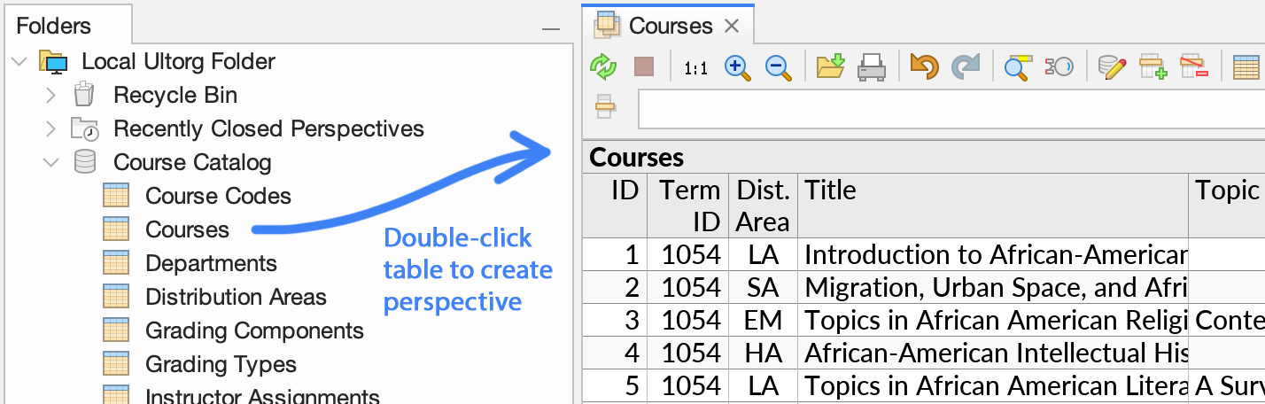 Double-click a table icon in the Folders sidebar to open a new perspective based on that table.