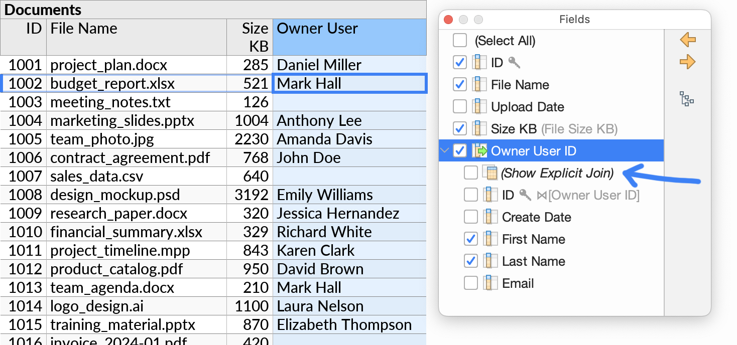 The Show Explicit Join indication in the field selector popup.